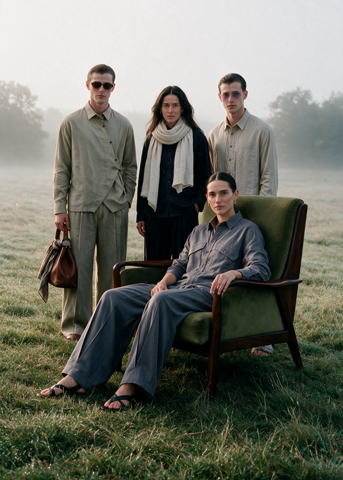 Four models in coordinated neutral-toned clothing pose outdoors in a grassy field with misty light. One person sits in an armchair while three others stand behind, wearing beige, black, and gray outfits.